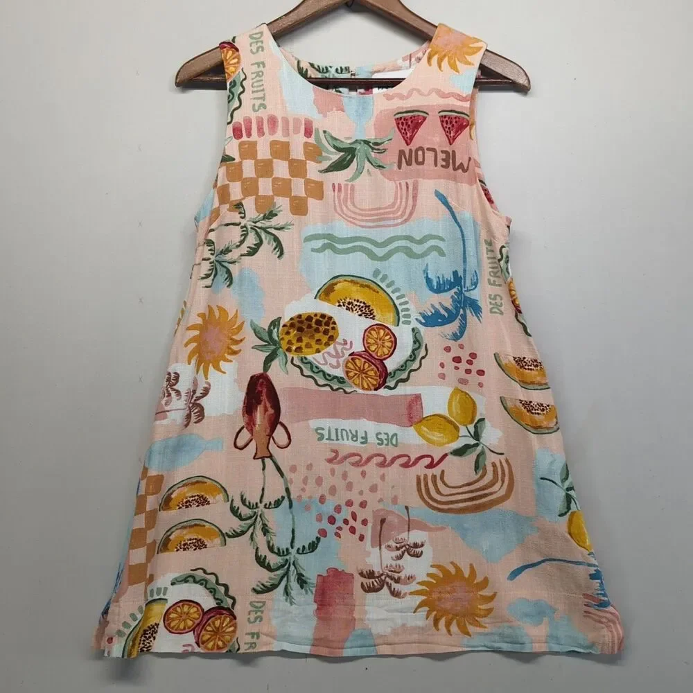 Paper Heart Anthropologie Fruit Print Linen Blend A Line Shift Mini Dress M Boho - Picture 1 of 10